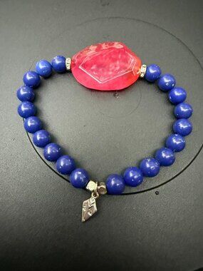 Lia Sophia AU Blue Bead w/ Big Red Agate Stretch Bracelet